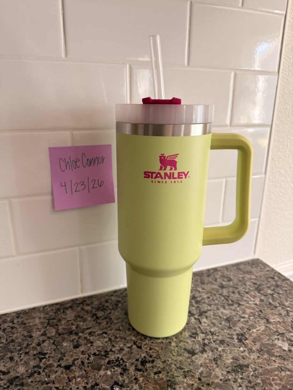 Stanley Bright Lime Green Travel Tumbler with Handle and Pink Logo